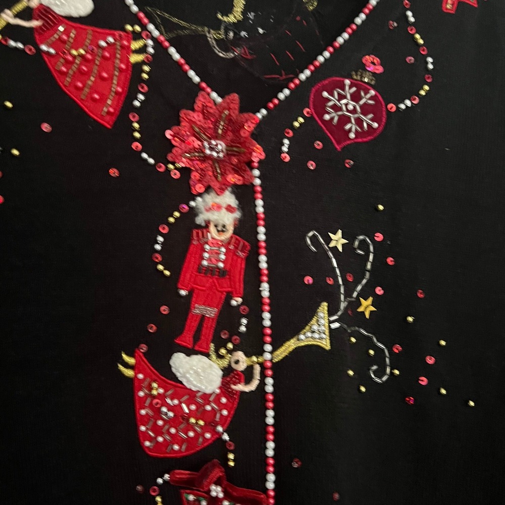 Just B Black Beaded Christmas Cardigan Sweater Large ugly holiday festive kitsch - Picture 4 of 16